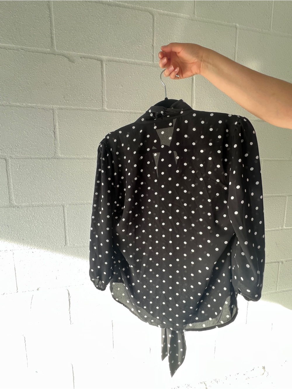 Avenue Black and White Polka Dot Tie-Neck Blouse - Picture 3 of 8